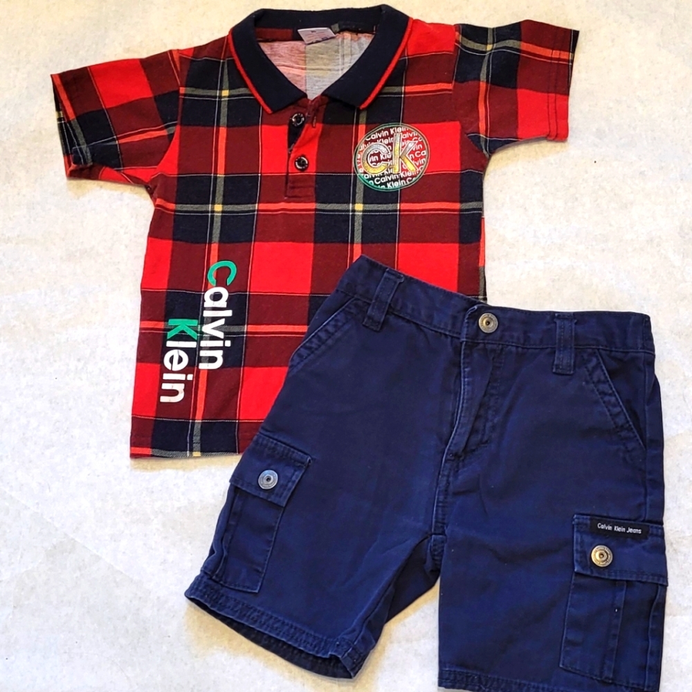 Calvin Klein plaid polo shirt and navy shorts set